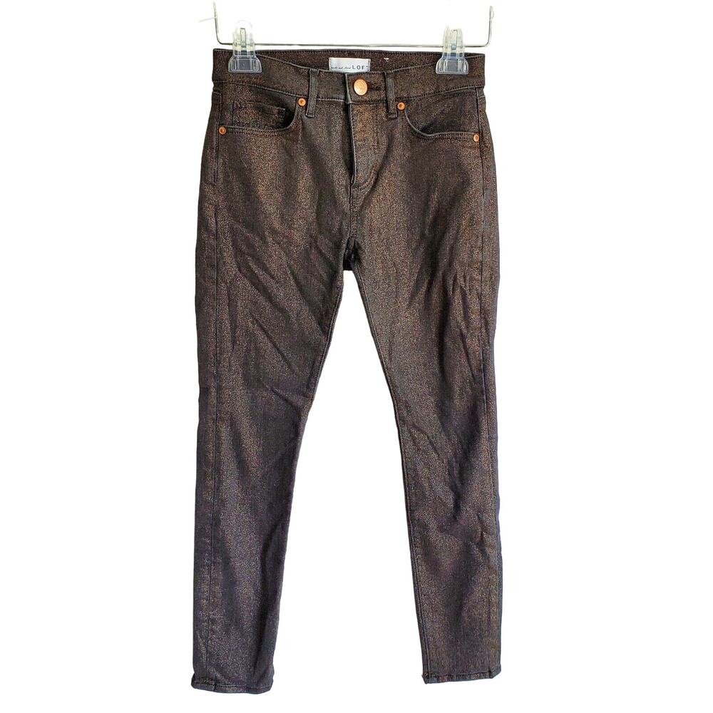 Made and Loved Loft Pants Womens 25/0 Petite Slim Pockets Brown Shiny Skinny Fit